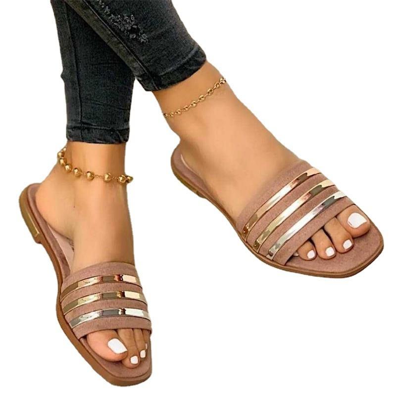 Wish suede one-word slippers women's summer new flat-bottomed large-size outer wear sequined cool slippers