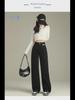 Black High-Waist Leather Straight-Leg Denim Pants - Women's Loosely Fitted Autumn Design