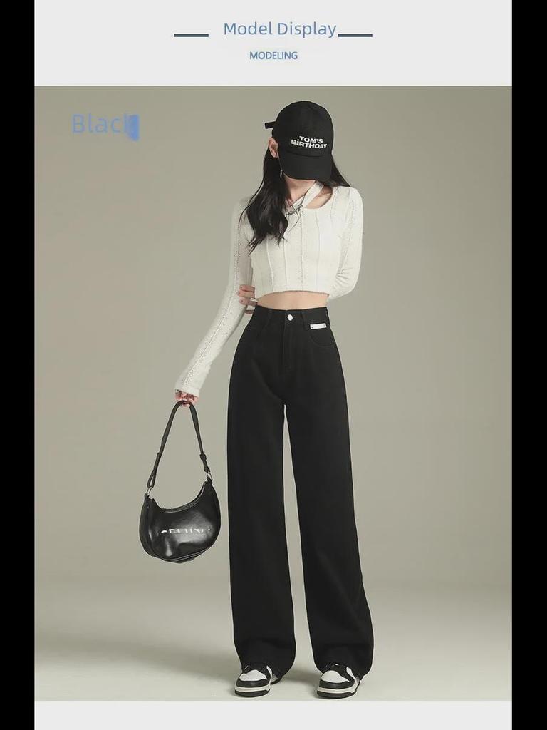 Black High-Waist Leather Straight-Leg Denim Pants - Women's Loosely Fitted Autumn Design