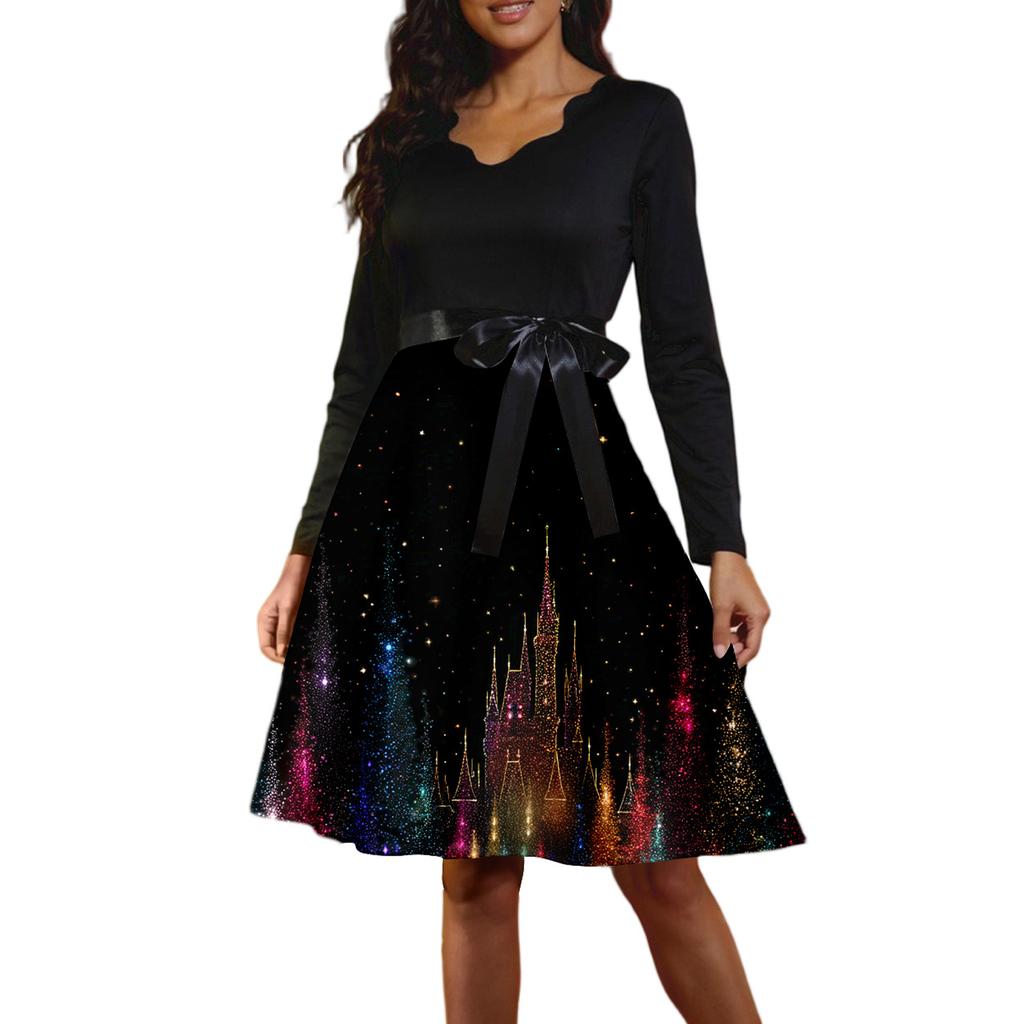 Women's Casual Fashion Long Sleeve Christmas Graphic Printed Vintage Long Dresses