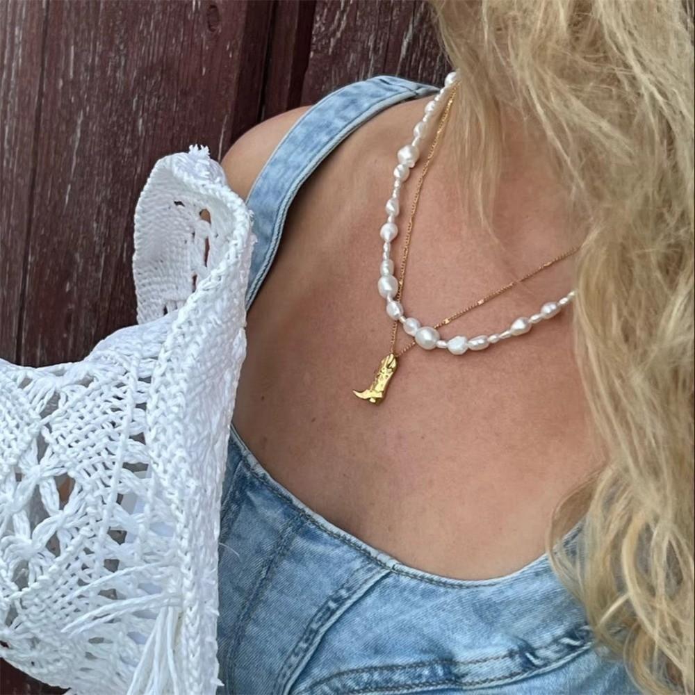 Silver Boot Cowboy Boot Necklace Stainless Steel Collarbone Chain Choker Necklace Pendant Unisex