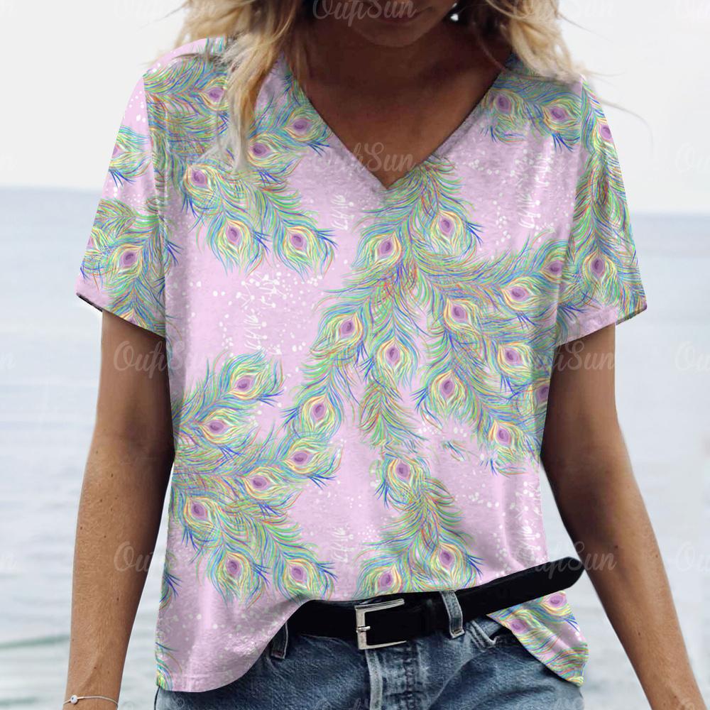 2024 New Women T-shirt Peacock Feather Print Plus Size Top Summer Women's Trend Clothing Fashion Short Sleeve Shirt V-Neck Tees