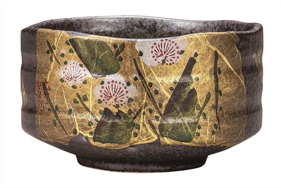 Nakamaru "Kutani Ware" Matcha Bowl with Gold Leaf Plum Blossom Design K9-885