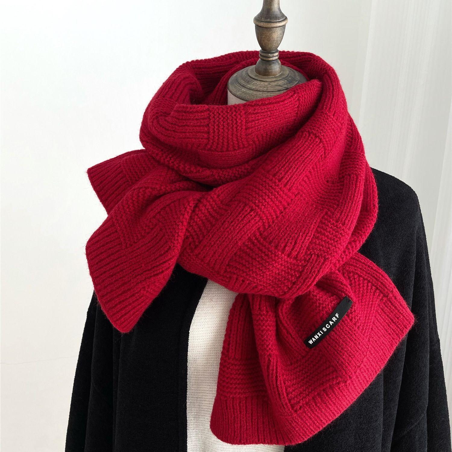 

Полосатый Универсальный Однотонный Шерстяной Шарф Женский В Японском Стиле Осенне-Зимний Утепленный Теплый Вязаный Длинный Грелка для Шеи бордовый