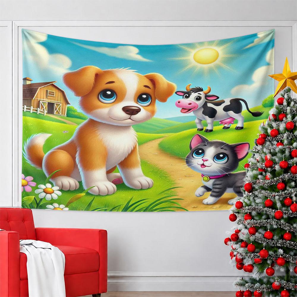 Cute Farm Animals with Dog, Cat, and Cow Pattern Wall Hanging Tapestry Decorative Tapestry Home Decor for Bedroom and Living Room