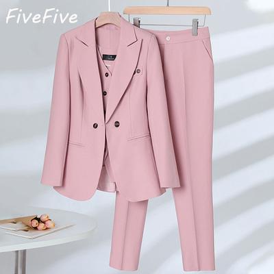 FiveFive Lässiger Hosenanzug für Damen, langärmelig, fürs Büro, Streetwear, dreiteilig, einfarbig, zweireihig, Hosenanzug für Frühling und Sommer
