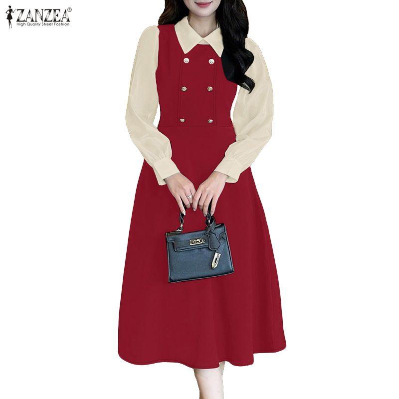 ZANZEA Women Turn Down Collar Casual Long Sleeve Patchwork Dress