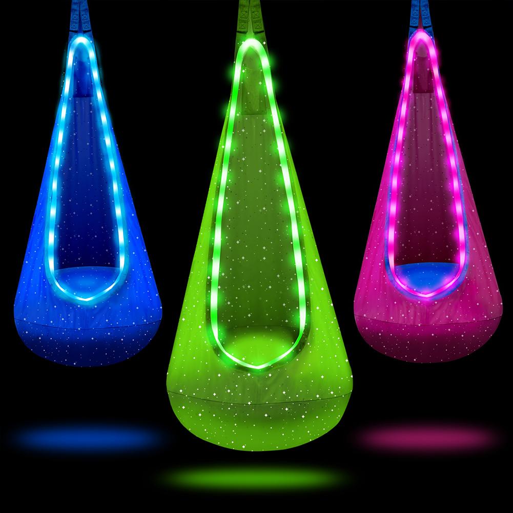 Light Up Kids Pod Swing Seat Child Hanging Hammock Inflatable Pillow Kids Sensory Swing 4 Light Modes 16 Colors for Boys Girls