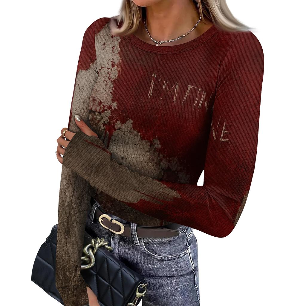 Women's Slim Fit Halloween Print Pullover Long Sleeve T Shirt Crew Neck Base Layer Top with Thumb Hole Cuffs