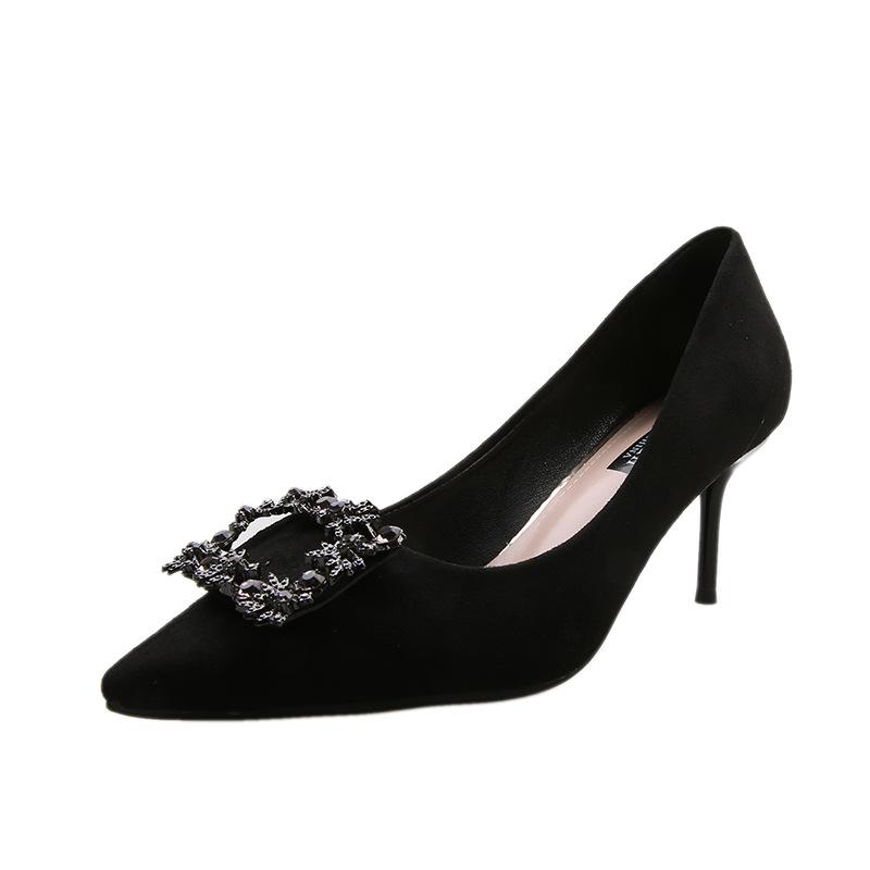 Rhinestone High Heels Women's New Professional Thin Heel Temperament Pointed Women's Shoes Metal Square Buckle Single Shoes