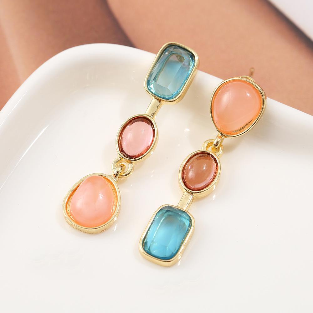 European & American Trendy Asymmetrical Color Block Earrings with Retro French Design and Cat s Eye Stone Accents