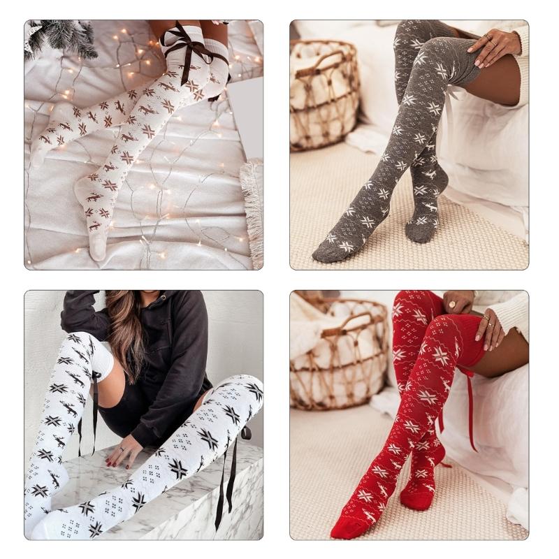 Women Christmas Snowflake Knitted Thigh High Stockings with Ribbon Bows Festival Over Knee Long Boot Socks Leg Warmers