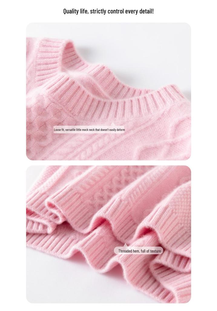 Women's Loose Fit Round Neck Cashmere Sweater: Thick Warm Cable Knit Pullover, Pure Color Korean Style.