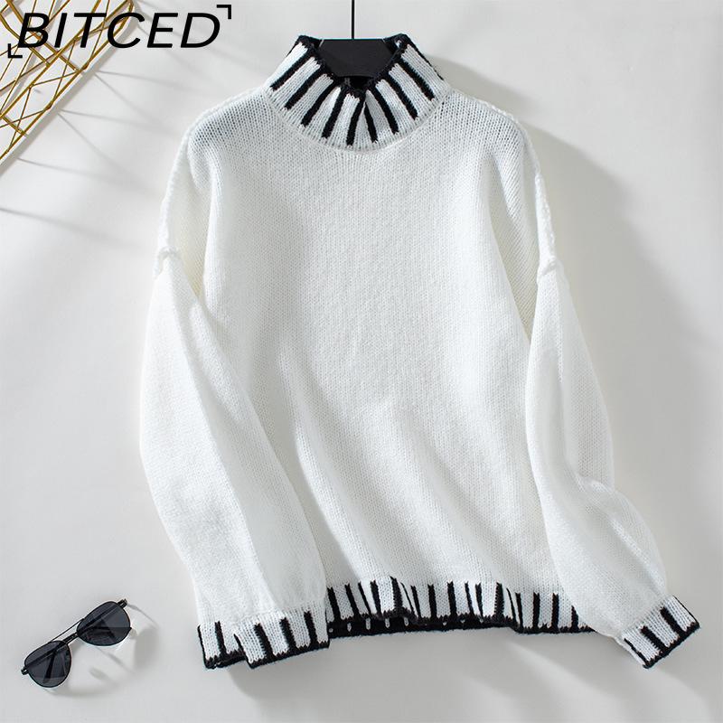

BITCED Fall/Winter Striped Pullover Turtleneck Sweater for Women - Oversized Knit Top XL белый