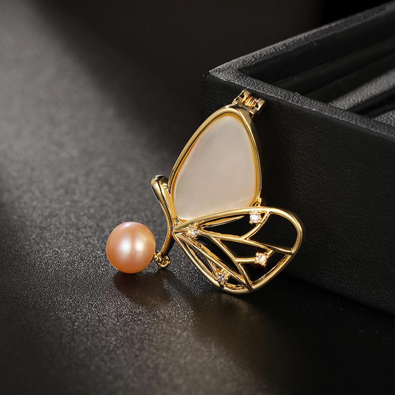 Elegant Butterfly Brooch with Freshwater Pearl and Natural Seashell Accents