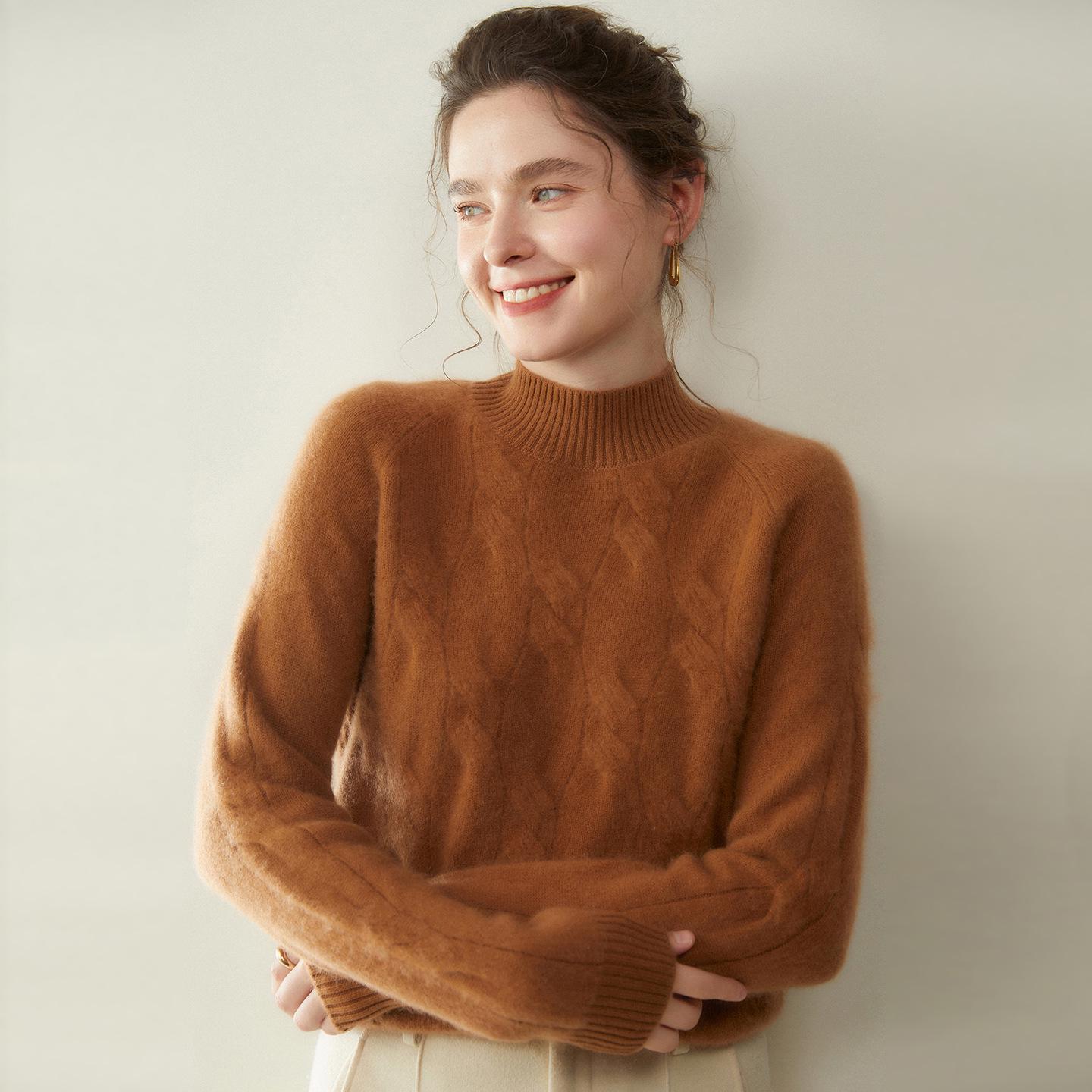 

Women s Cashmere Sweater: Semi-High Neck Cable Knit Loose Pullover for Autumn/Winter XXL