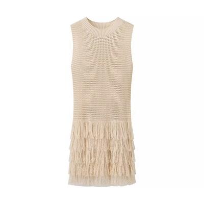 Autumn New Women's Clothing, European and American Style Knitted Vest Skirt Fringed Decorative Sleeveless Round Neck Hollow Skirt