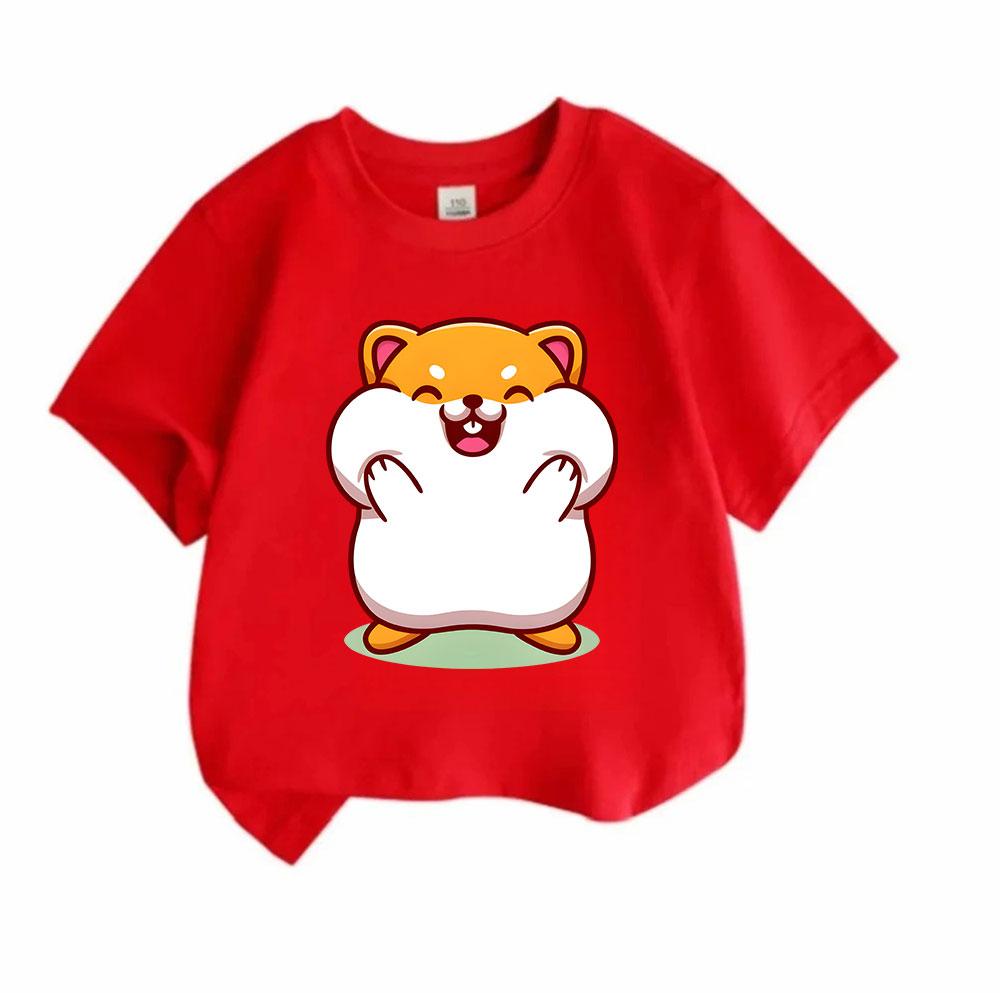 Cute Chubby Cartoon Hamster Print Kids 100% Cotton O-neck Short Sleeve T-Shirt, Casual Soft Breathable Tee for Boys Girls Comfortable Daily Summer Top