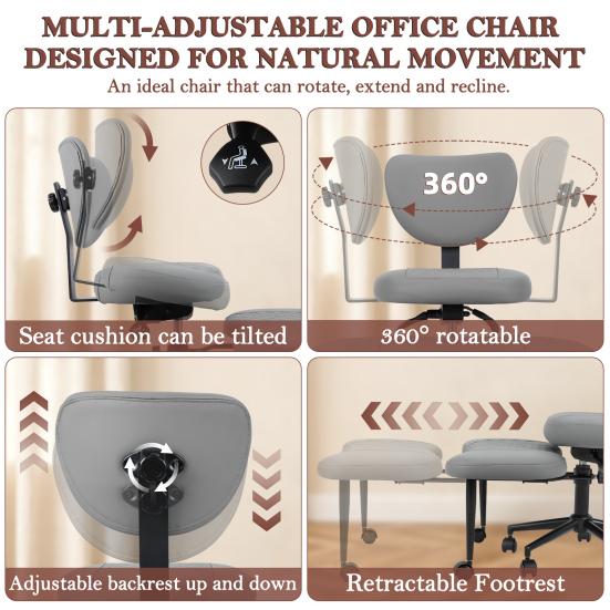 Silla de Oficina Giratoria Silla de Yoga, Meditación con Respaldo Ergonómico, Piernas Cruzadas Transpirable Cuero Sintético Ruedas, Arrodillado para Yoga en Casa, Ajustable