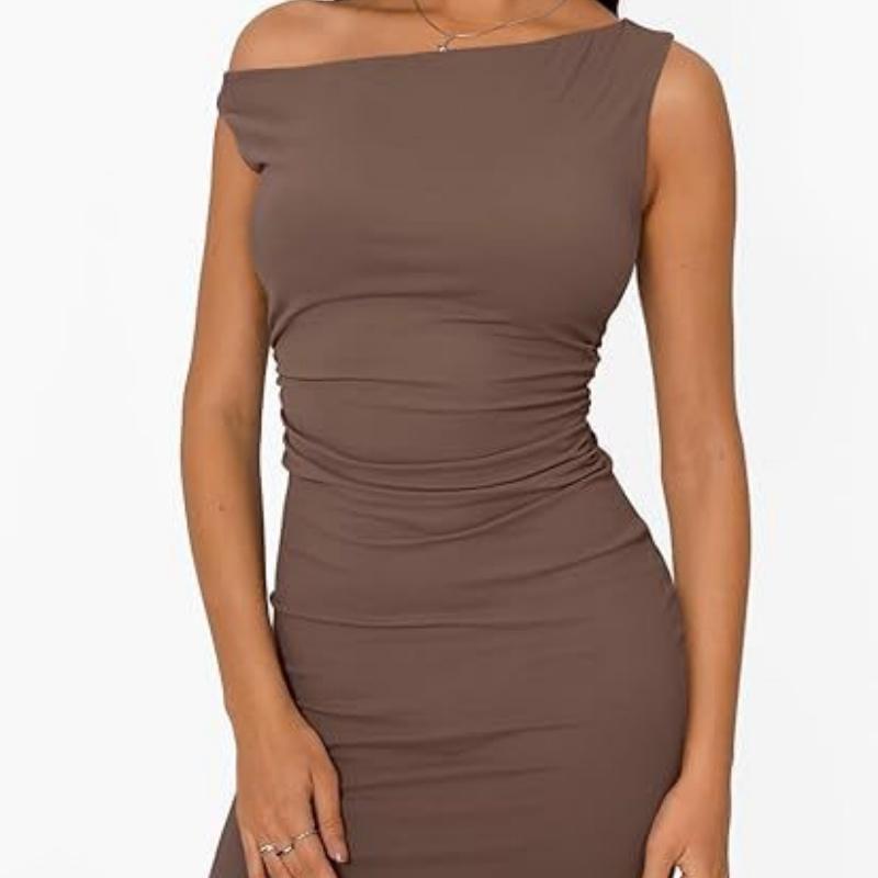 Women's off-shoulder neckline, gathered waist sleeveless bodycon dress