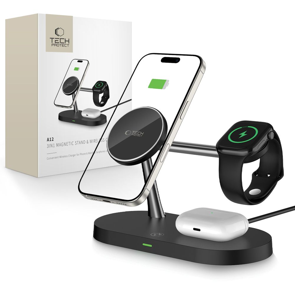 3-in-1 wireless charger for smartphone, smartwatch, and headphones with MagSafe - black