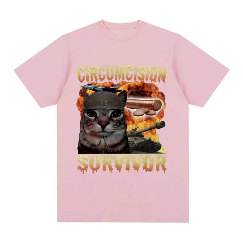 Circumcision Survivor Funny Cat Meme T Shirts Men Women Vintage T-shirt Casual Short Sleeve Summer T-shirts Streetwear