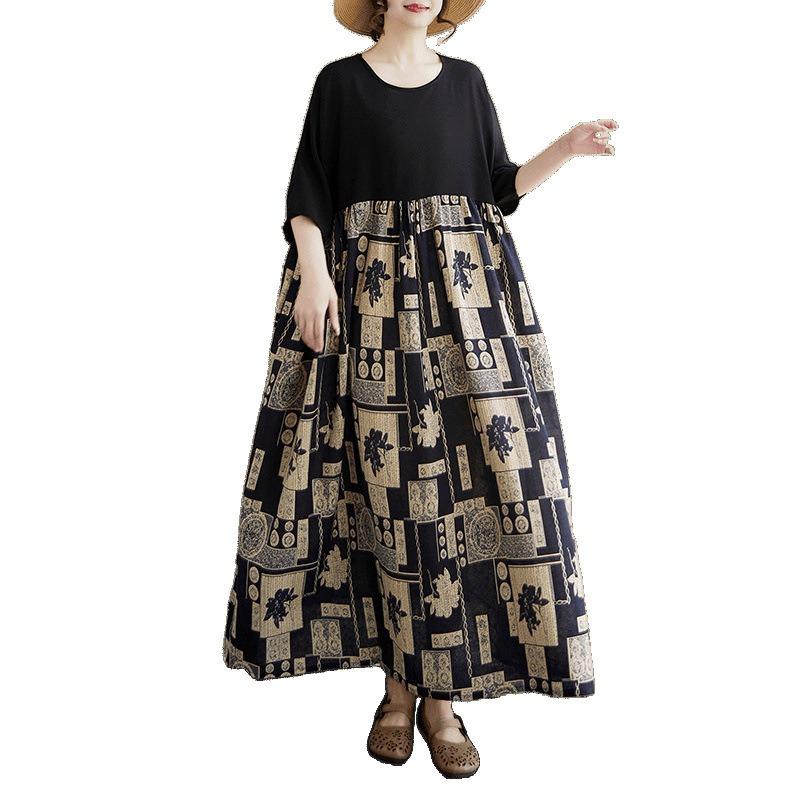 The real shot is the new 125kg fat MM to cover the meat and show thinness, and the color matching cotton and linen dress women's clothing.