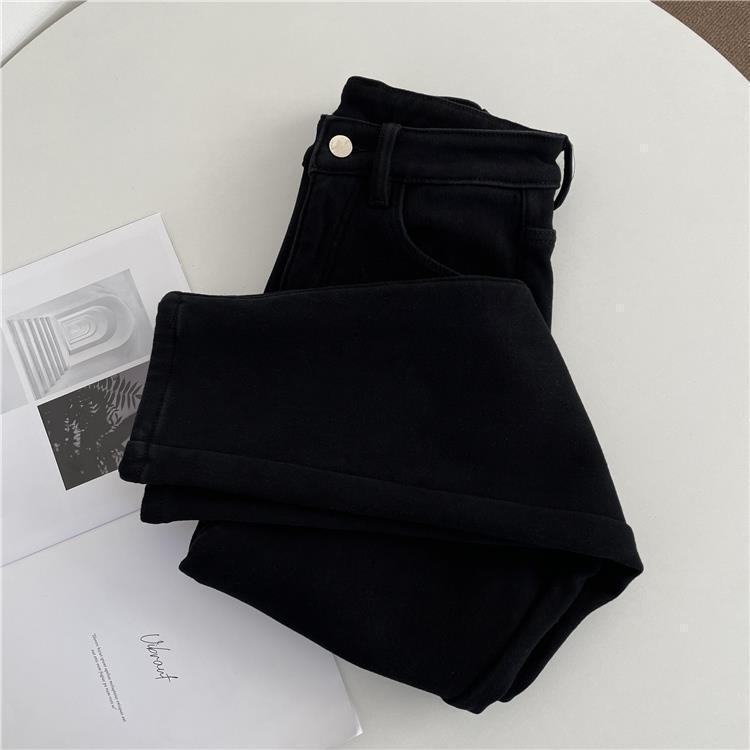 Women's High Waist Fleece-Lined Skinny Jeans - White Harem Style for Autumn/Winter 2025, Korean-Inspired, Casual, and Thickened.