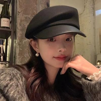 French Elegant Wool and Leather Octagonal Hat Women's Autumn and Winter Trendy Versatile Little Painter's Hat  Newsboy Hat