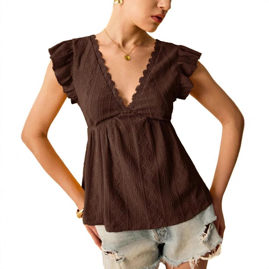 Spring and Summer Fashion Hollow-out V-neck Top with Ruffle Lace Short-sleeved Women’s T-shirts
