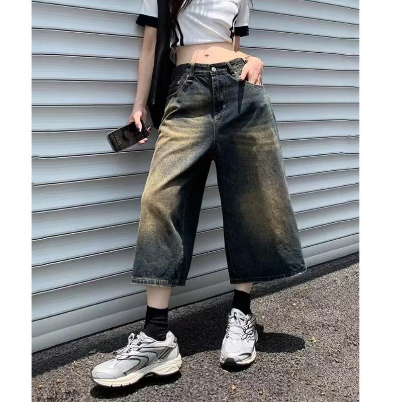 

Винтажные женские широкие короткие джинсы, прямые свободные укороченные джинсовые брюки, повседневная уличная одежда с высокой талией в стиле ретро, ​​прямые брюки 578 3XL