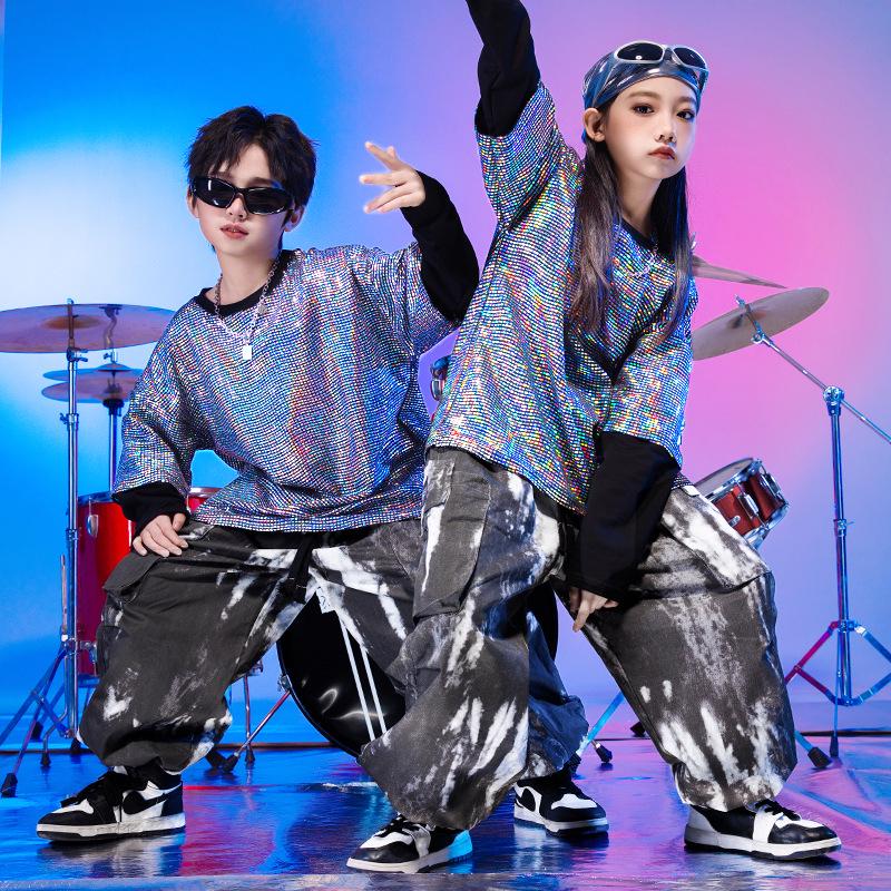 Kids' New Year's Stage Costumes: Sequined Drum Performance Outfits, Boys' Street Dance Wear, Girls' Hip-Hop Catwalk Fashion