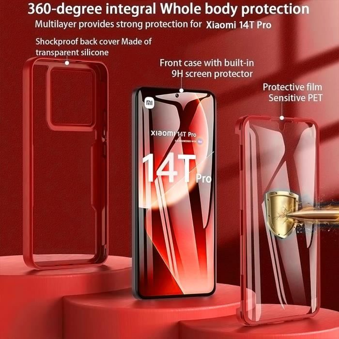 Coque pour Xiaomi 14T Pro - Protection Intégrale Avant TPU Souple et Arrière PC Rigide- Rouge