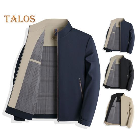 Men Jacket Stand Collar Long Sleeve Solid Color Plaid Lining Jacket Coat Pockets Zipper Placket Casual Outwear