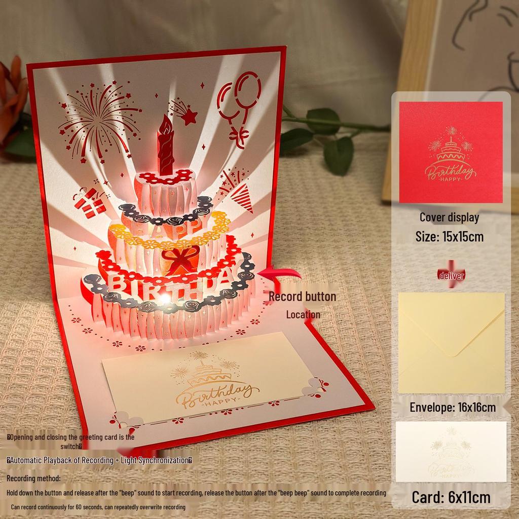 Dźwiękowa kartka urodzinowa 3D Pop-Up ze światłem do nagrywania - Wzór tortu na prezent dla chłopaka/dziewczyny