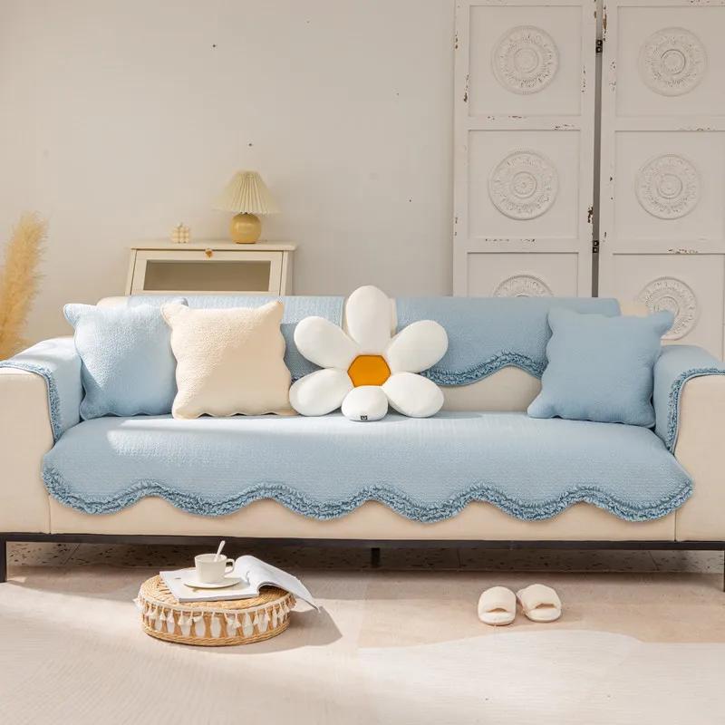 New Curved Line Edge Sofa Cushion Solid Color Sofa Covers for Living Room All Season Universal Anti-slip Couch Cover Home Decor