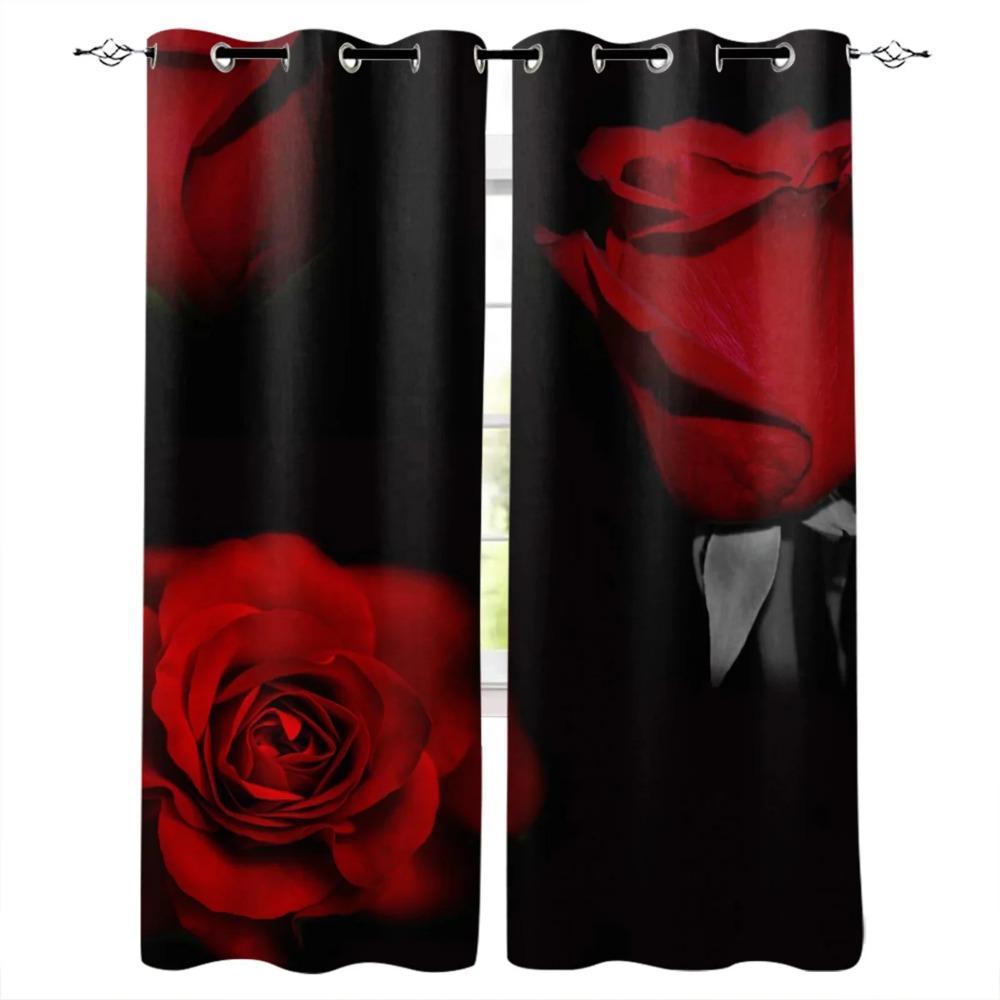 Red Rose Black Vine Spiral Leaves Print Window Curtains Luxury European Curtains for Living Room Balcony Hotel Cafe Drapes