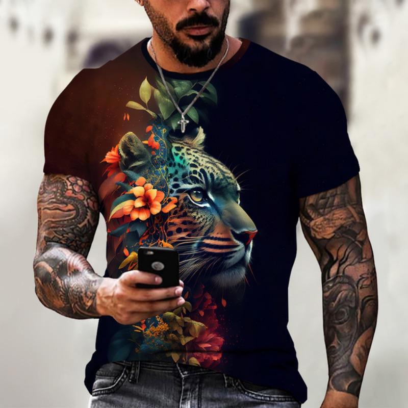 Vintage Animal T-Shirt Mens T Shirt 3d Fierce Leopard Print Tee Summer Short Sleeve Holiday T Shirt Loose Clothing Male Pullover
