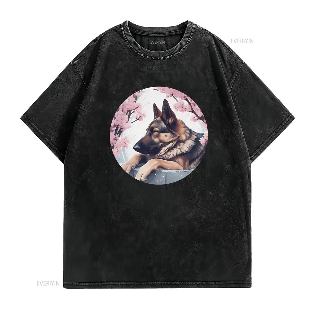 German Shepherd Dog Cherry Blossom T Shirt Perfect GSD Japan for Lovers Vintage Washed Casual Designer Clothes Soft Homme