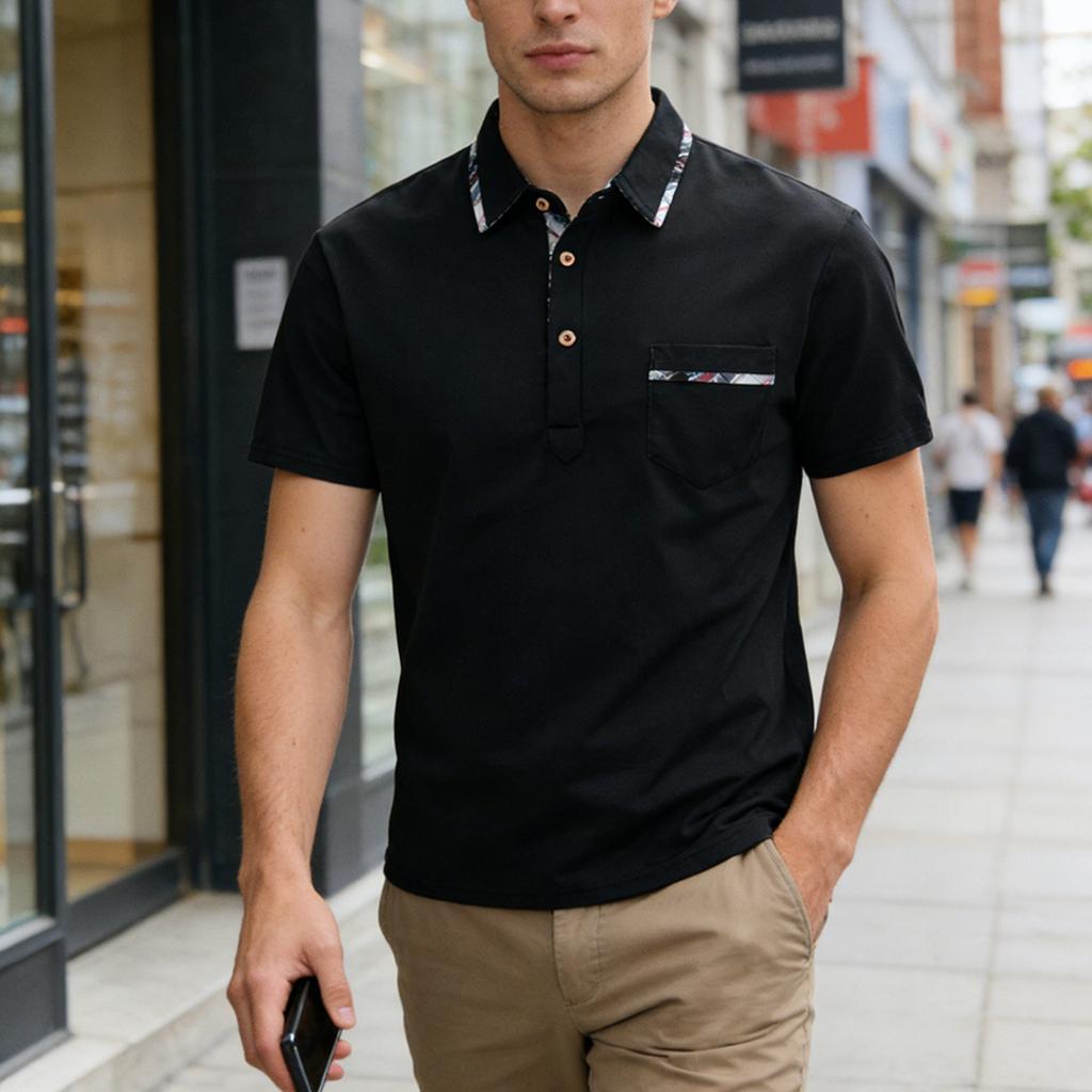 Heren Poloshirt met Korte Mouwen, Omgeslagen Kraag en Borstzak, Casual Pasvorm, Zachte Ademende Stof voor Dagelijks Gebruik