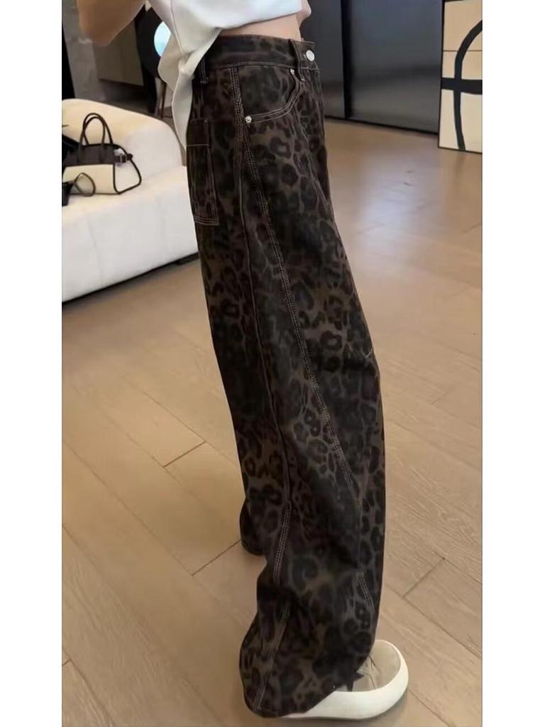 Spring 2025 Leopard Print High-Waist Straight-Leg Jeans for Women