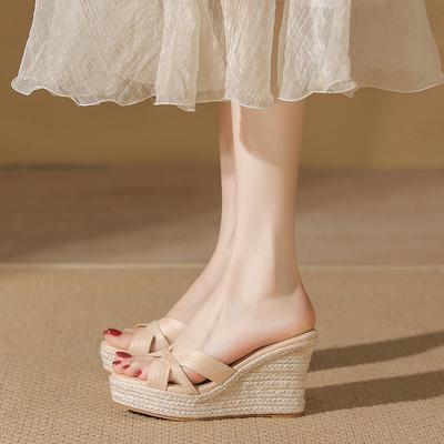 Wedge Heel Thick-soled Fish Mouth Slippers Women's New Summer Open-toe Wear Waterproof Table High-heeled Straw Sandals