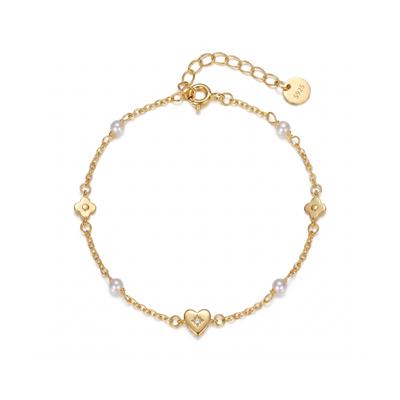 Glowluxe Pearl Heart Chain Bracelet Clover Accents 925 Sterling Silver Gold-Tone Romantic Delicate Modern Jewelry