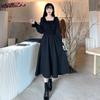Schwarz Vintage Quadrat Kragen Französisch Blase Hülse Student Lange A-line Weibliche Lose Dünnes Kleid Frauen Party Sommer Maxi Sommerkleid