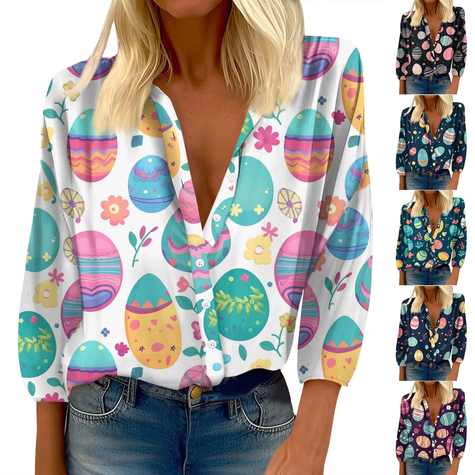 

Женская рубашка на пуговицах, повседневная рубашка с пасхальным принтом, модная рубашка с круглым вырезом и заниженными плечами, рубашка с семью рукавами, топ