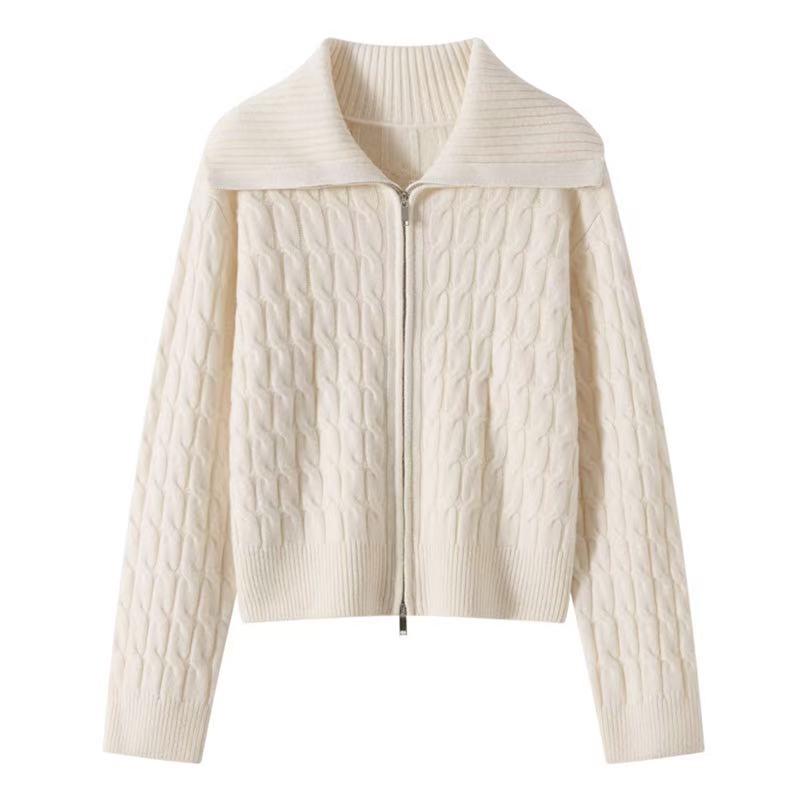Women's Double Zipper Wool Coat - Retro Cable Knit Long Sleeve Cardigan with Lapel