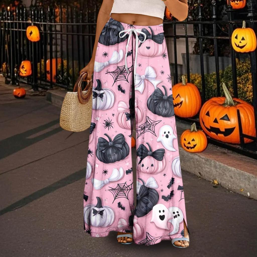 Women's Casual Wide Leg Pants Stretch Belt Pocket  Print Adjustable Tie Pants