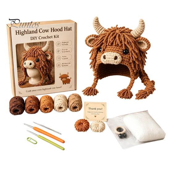 Cute Animal Hat Pattern Highland Cow Crochet Kit, Halloween Pumpkin Spider Hood DIY Kit Handmade Craft for Adults Teens Creative Hobby Gift