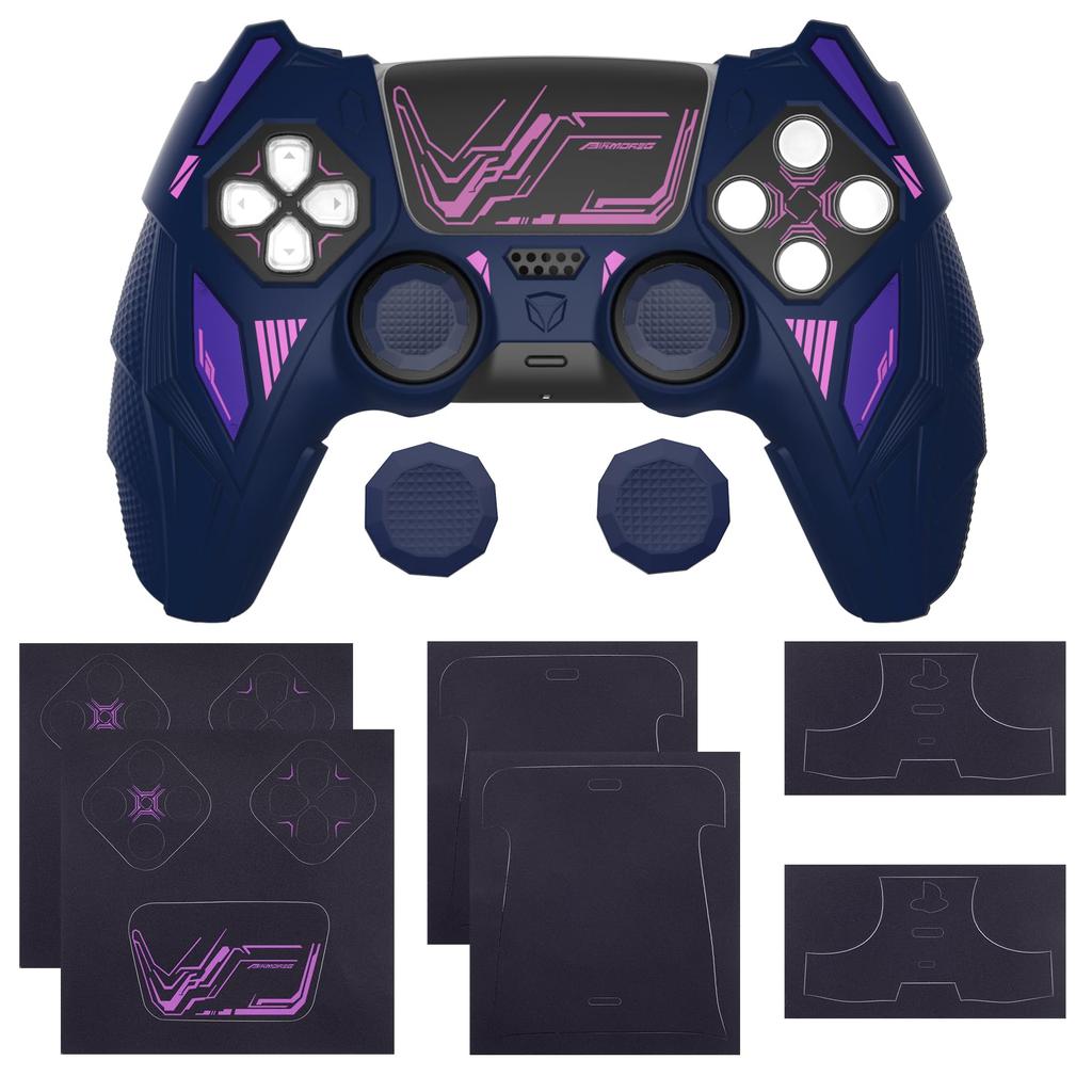 PlayVital PS5 Controller Silicone Mecha Rhino Shockproof Protective Easy Includes Thumb Grips and Compatible with Charging Midnight Blue and Purple