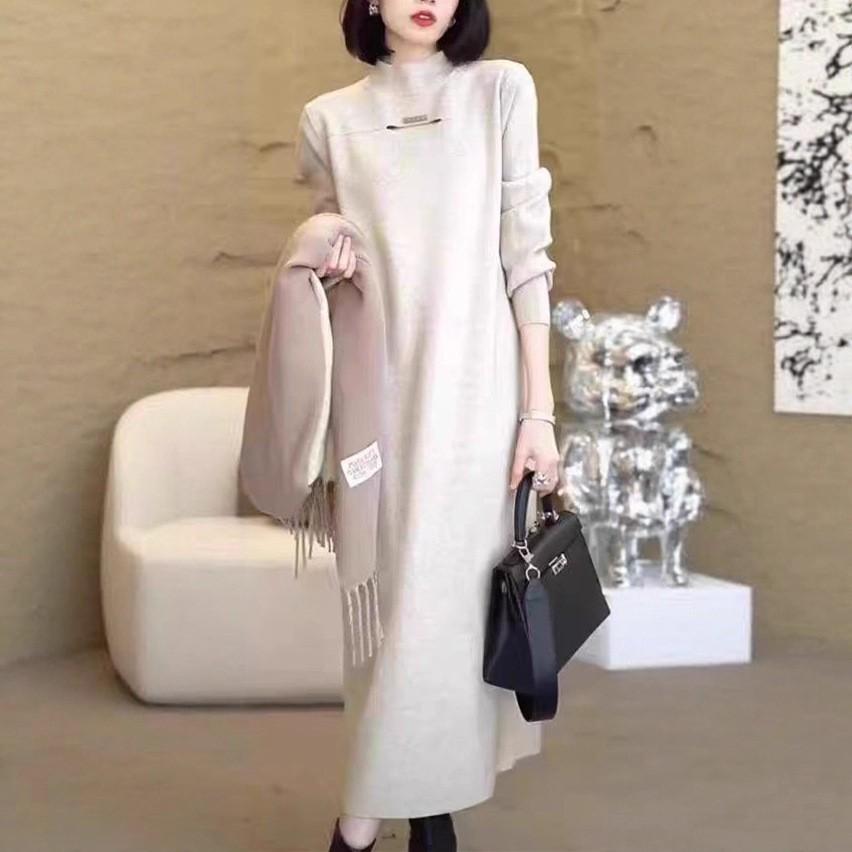 Semi-turtleneck with coat temperament dress women's autumn and winter medium and long loose and thin solid color knitted sweater skirt